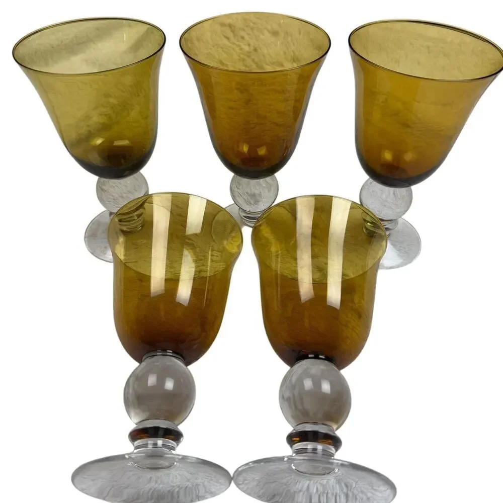 Amber & Clear Glass Iced Tea/Water Goblets Bulbous Stem 12 oz Set Of 5 Vintage